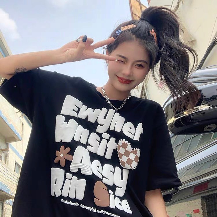 Áo Thun Tay Lỡ Unisex chữ in nổi ARON màu ĐEN/KEM  /Nam nữ unisex/ Áo phông cổ tròn form rộng Jaystoree 2