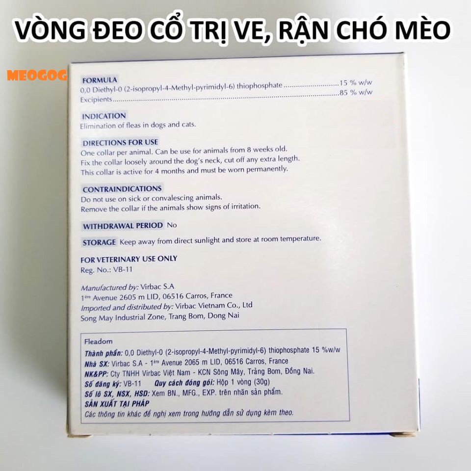 Vòng đeo cổ trị ve, trị rận, bọ chét, ghẻ cho chó, mèo Fleadom của Virbac - Pháp. MEOGOG