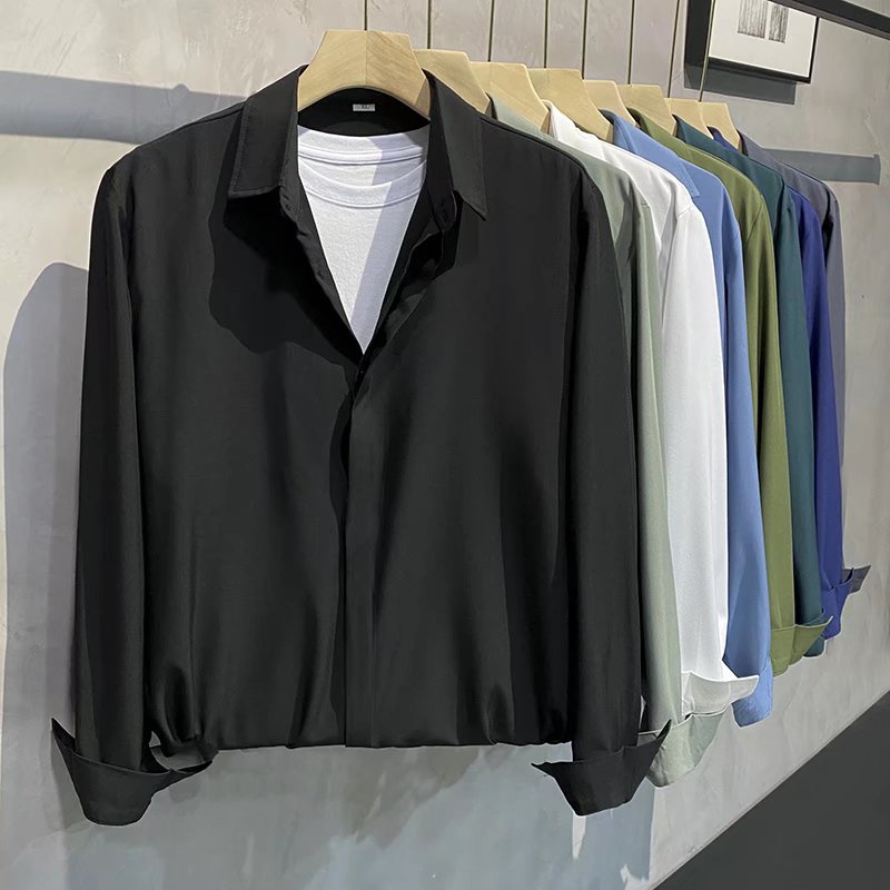 Áo Sơ Mi Tay Dài Bằng polyester Màu Trơn Phong Cách Hàn Quốc Thời Trang Cho Nam