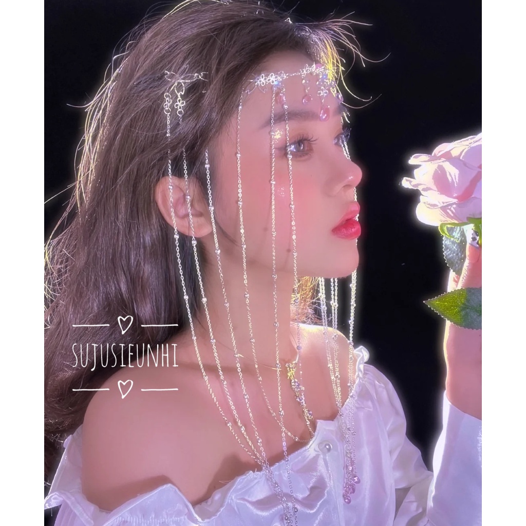 (Có video) Rèm che mặt cổ phong hình hoa và giọt nước hồng tua rua thả dài trang trí trán/ mạng che mặt cổ trang