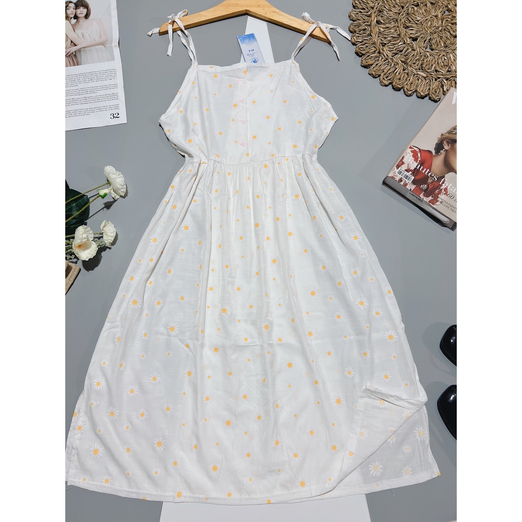 Đầm - Váy babydoll 2 dây HOA CÚC mùa hè nơ vai chất đũi loại 1 siêu mát maxi (Ảnh thật) - Ngọc Uyên Store