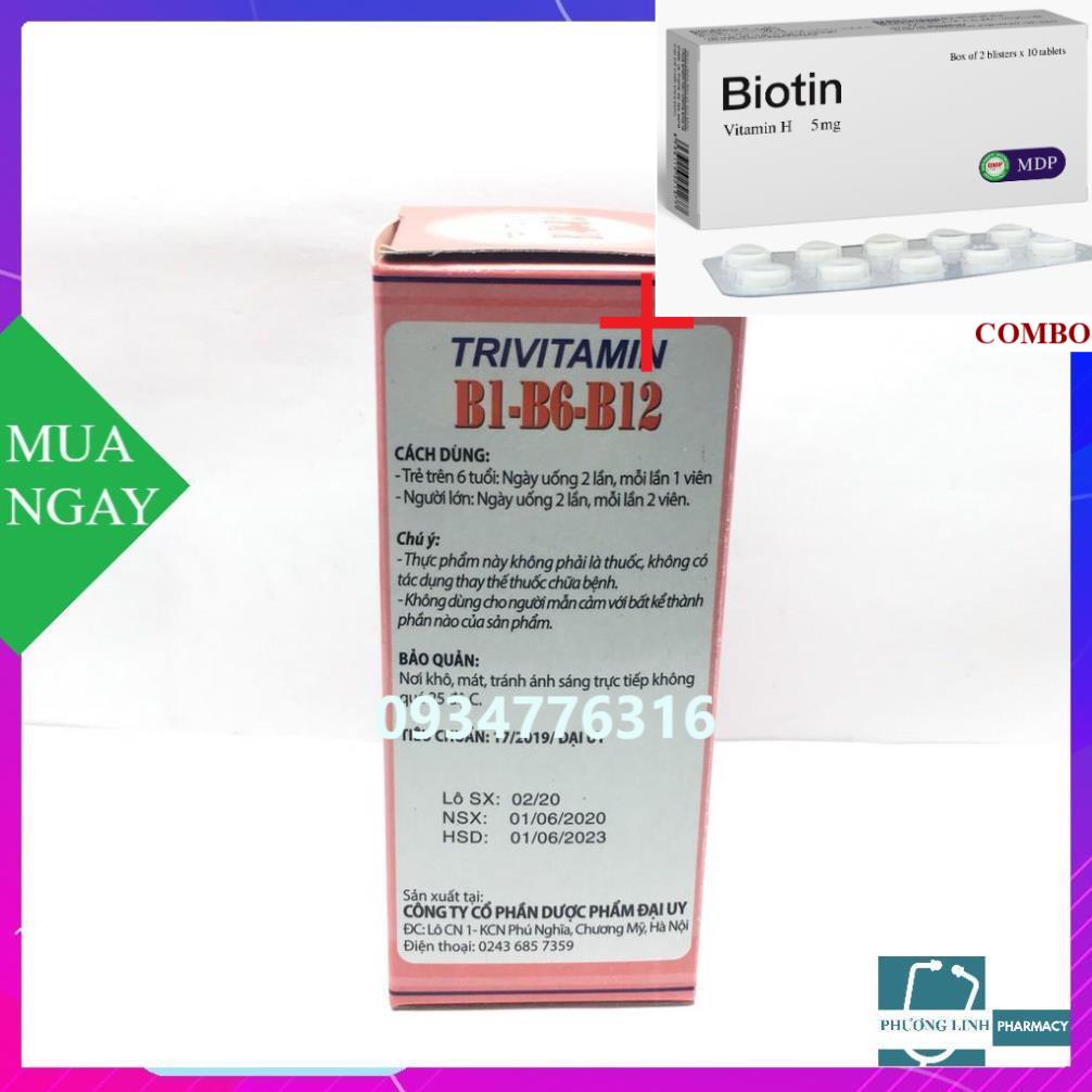 Combo Biotin 5mg+ Trivitamin B1-B6-B12 hộp 10 vỉ x 10 viên
