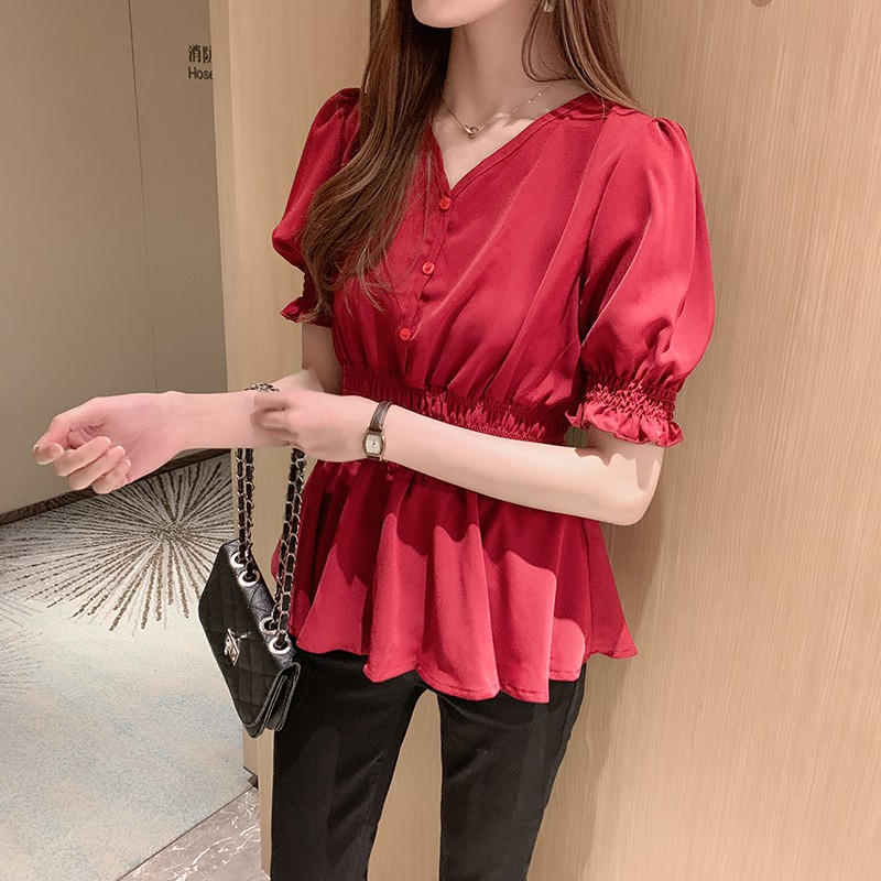 Áo Peplum Trắng Tay Ngắn Phối Nút