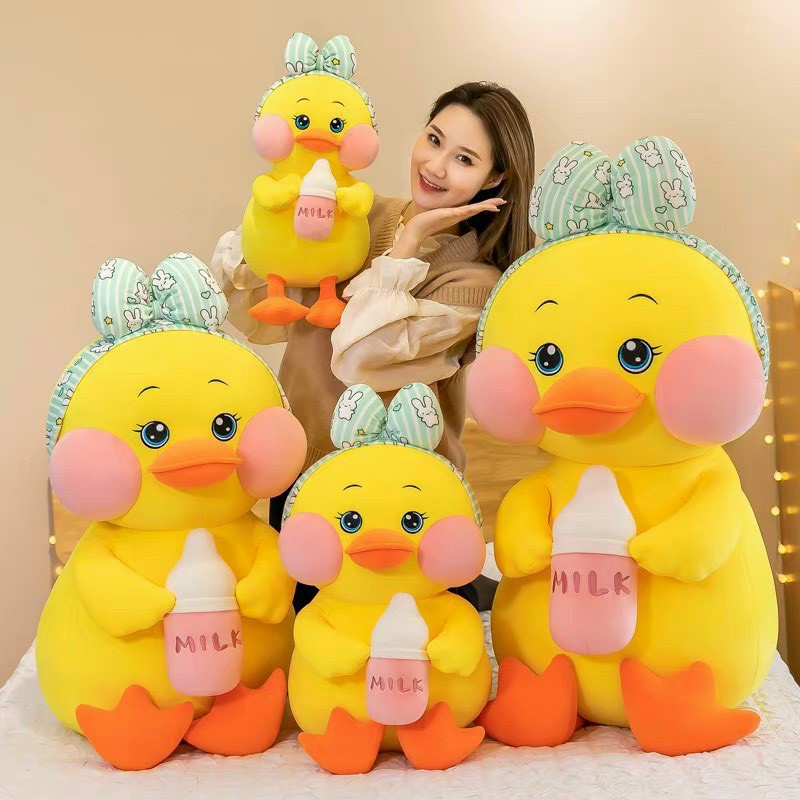 Gấu Bông Thú Nhồi Bông Vịt Má Hồng Ôm Bình Sữa Siêu Yêu Chất Nỉ Nhung Mịn Siêu Đàn Hồi Co Giãn 4 Chiều