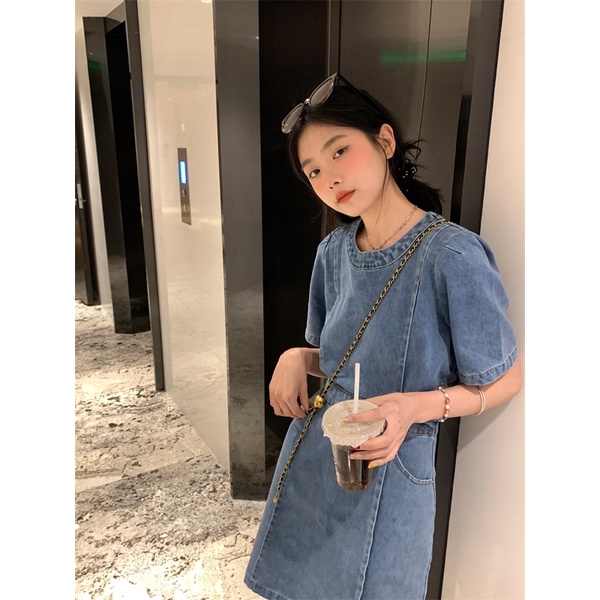 Váy đầm jeans bò xanh cổ tròn ngắn tay dáng chữ A cutout khoét eo vạt lệch phong cách Hàn Quốc Yannie