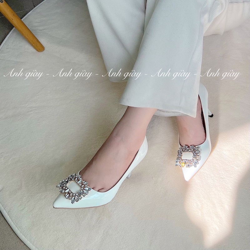 CG15 - Giày  cưới, giày cô dâu ,Giày cao gót da bóng gót nhọn 7p nơ khoá vuông đá siêu xinh, lót mút siêu êm chắc chân