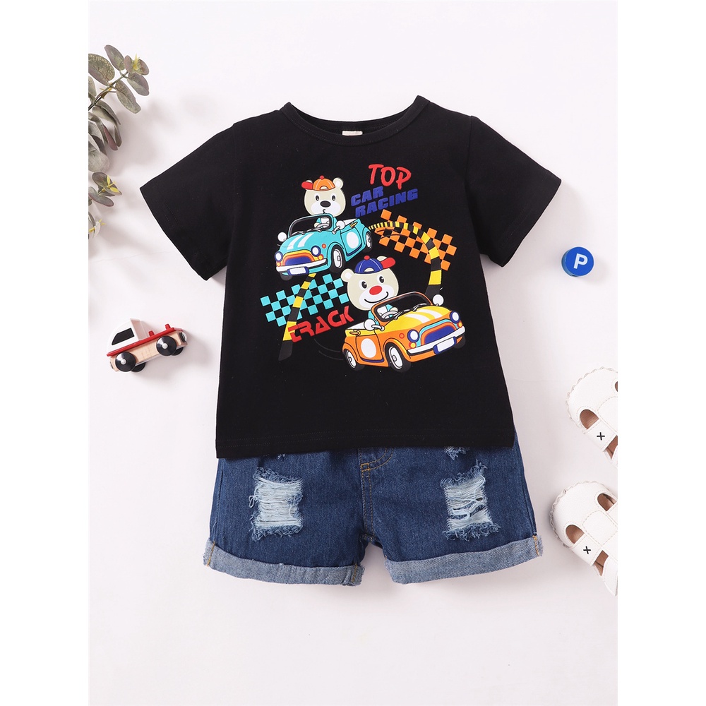 Bộ Trang Phục 2 Mảnh Gồm Áo Thun Tay Cộc In Hình Xe Hơi Hoạt Hình + Quần Denim Mùa Hè Cho Bé Trai