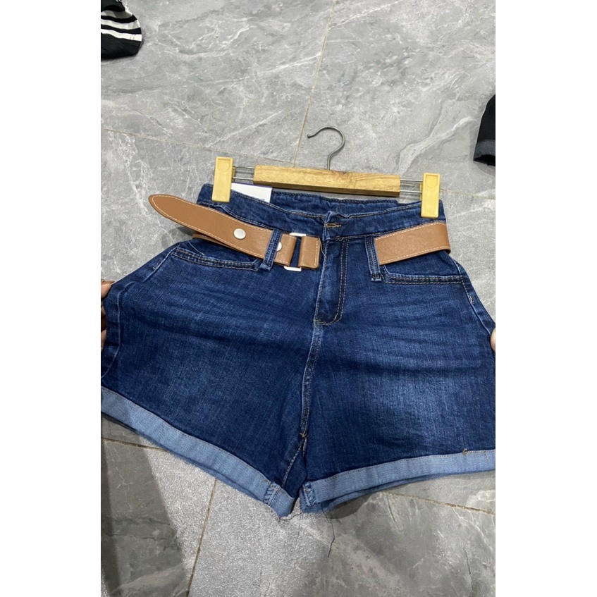quần short jean lưng cao phối đai da lật gấu hottren