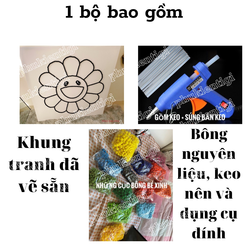 [ Tranh Kaikaikiki handmade] Tranh hoa mặt cười 7 màu tự đính bằng cục bông gòn siêu xinh treo tường