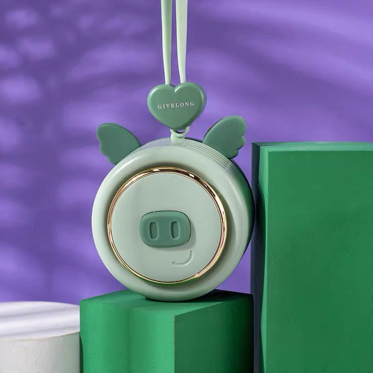Quạt mini đeo cổ sạc pin USB hình chú lợn con thiên thần siêu đáng yêu