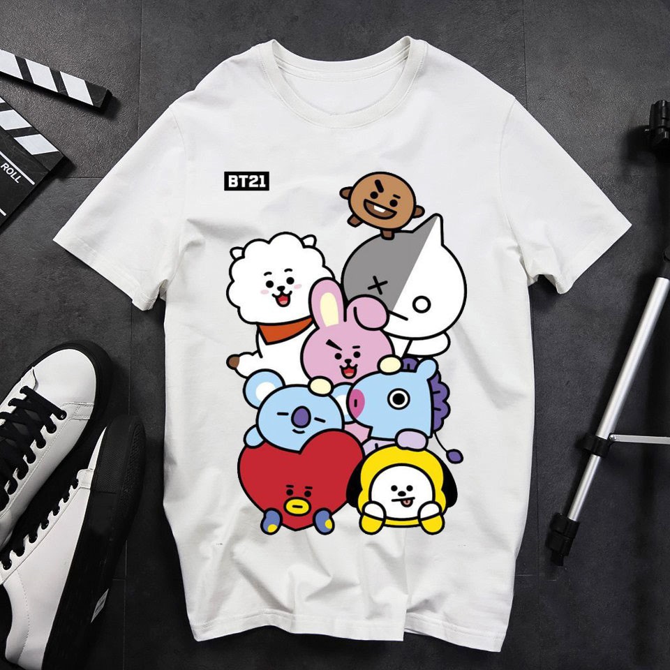 BST áo thun unisex BTS BT21 form rộng mùa hè thời trang phong cách Hàn Quốc cotton vải dày mịn