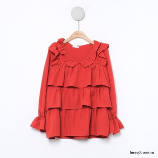 Áo sơ mi đỏ cổ v viền bèo dáng babydoll xếp tầng tay dài