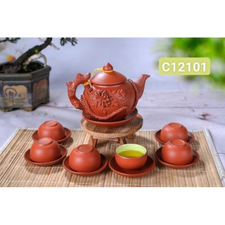 Bộ ấm chén tử sa đắp nổi Bát Tràng, Bộ Trà Đắp Nổi Tùng Cúc