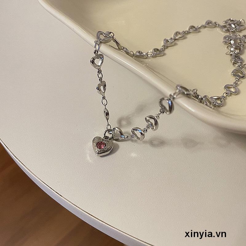 Vòng cổ mặt trái tim đính đá hồng phong cách Âu Mỹ cổ điển