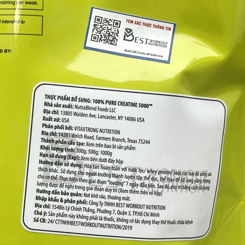 Creatine 5000 của VitaXtrong hỗ trợ tăng sức bền, sức mạnh, đốt mỡ, giảm cân - Nhập khẩu chính ngạch