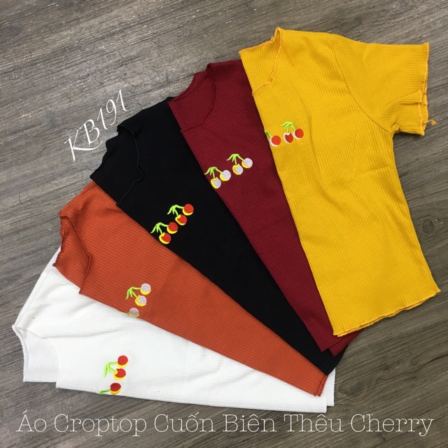 Áo Croptop Tay Ngắn Cuốn Biên Thêu Cherry