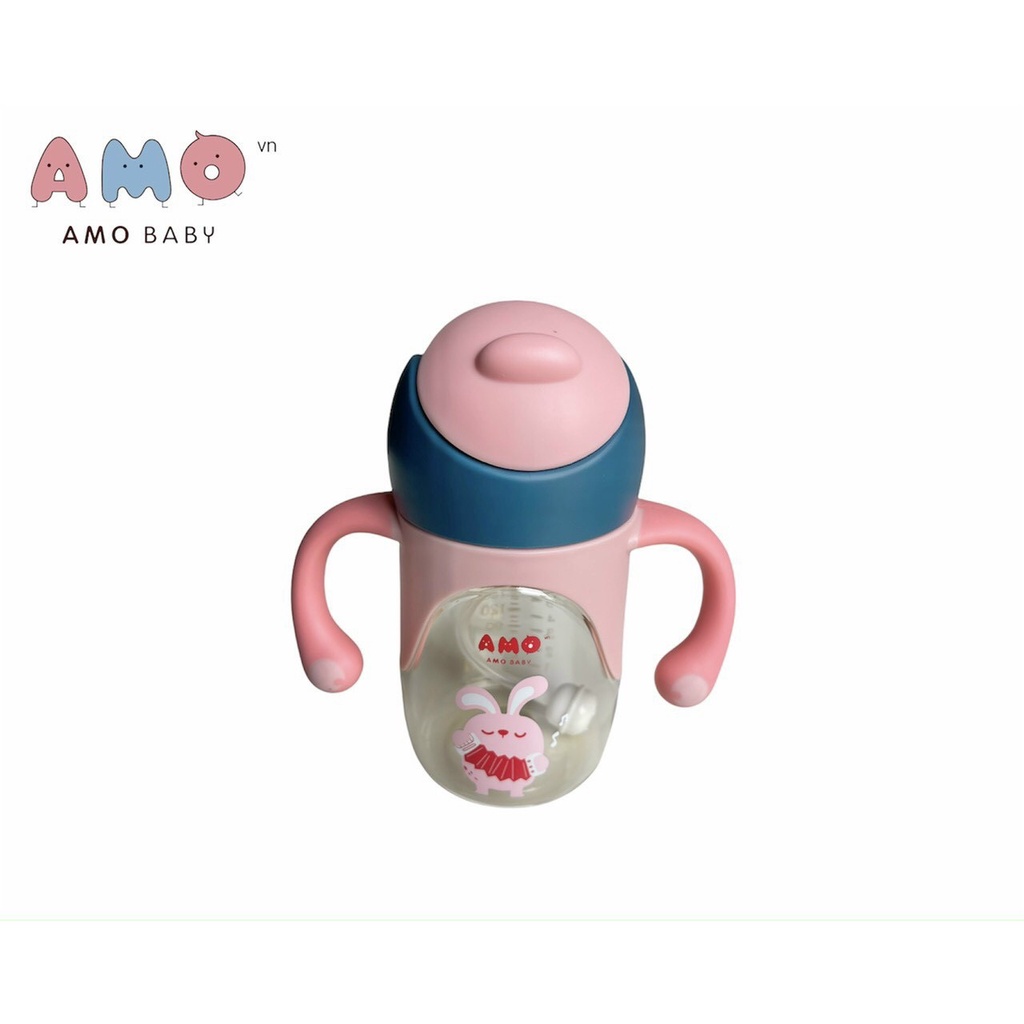 CHÍNH HÃNG - BÌNH TẬP UỐNG NƯỚC AMOBABY PPSU 240ml - CÓ HAI TAY CẦM TIỆN LỢI - ĐẦU ỐNG HÚT SILICON SIÊU MỀM