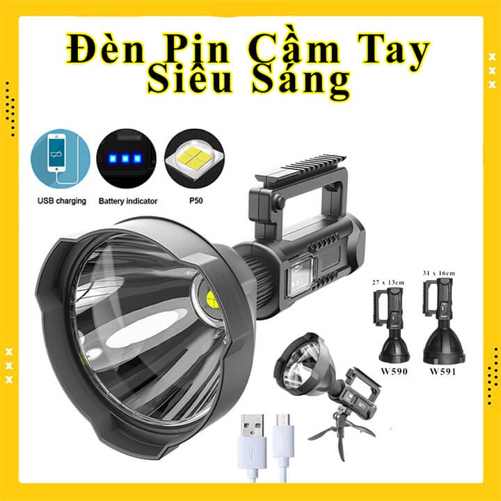 Đèn pin siêu sáng cầm tay có chân đế chống nước W591 và W590, đèn pin tuần tra chiếu xa 500m