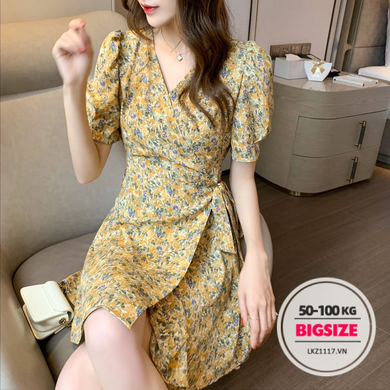 Đầm hoa nhí dáng suông Bigsize Váy nữ tay ngắn cổ chữ v mùa hè Phong cách Hàn Quốc Thời Trang tiểu thư cá tính xinh đẹp cho người mập béo