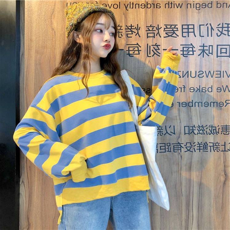 Áo Sweater Mỏng Dáng Rộng Tay Dài Kẻ Sọc Kiểu Harajuku Hàn Quốc Thời Trang Cho Nữ 200