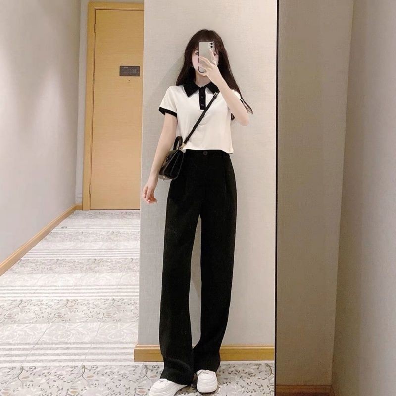 Áo Croptop Cổ Bẻ Áo Thun Polo Basic Cơ Bản Trắng Đen Phối Cổ Henia.
