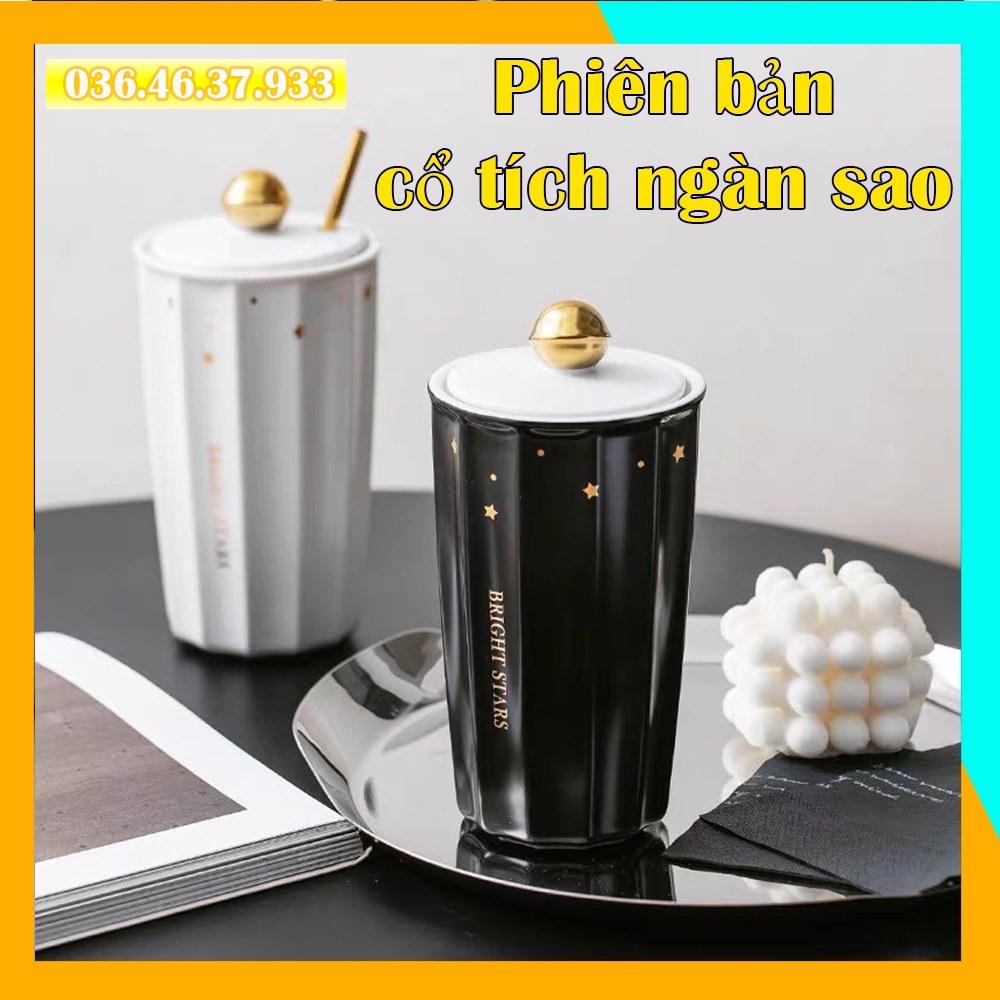 Ly sứ dễ thương có nắp đậy tặng muỗng và ống hút sang trọng chất liệu cao cấp hoạ tiết ngàn sao