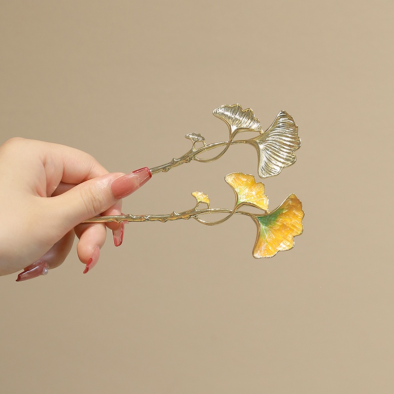 Kẹp Tóc Hình Lá Ginkgo Màu Vàng Phong Cách Trung Hoa