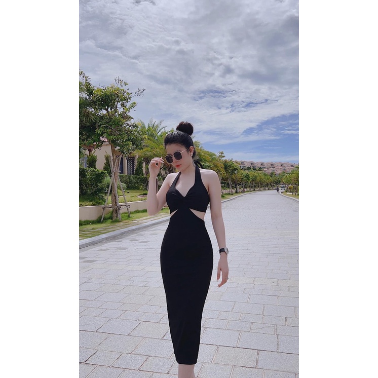 Đầm Body Dây Buộc Cổ Xoắn Ngực Khoét Eo Có Mút Chất Thun Xốp Nhăn Thích Hợp Mặc Đi Tiệc Đi Làm Đi Chơi