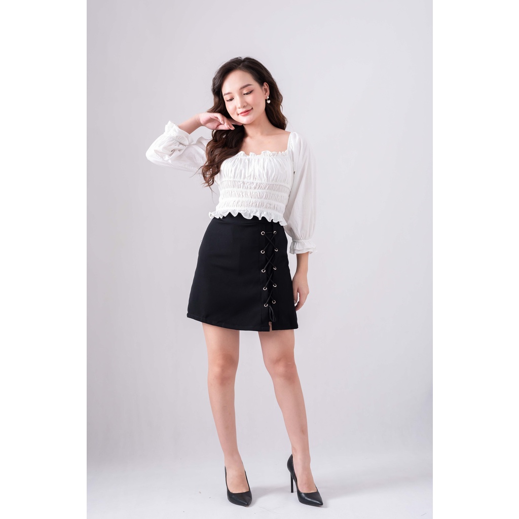 Áo croptop ulzzang trắng buộc dây cổ - áo bèo nhún ôm chun