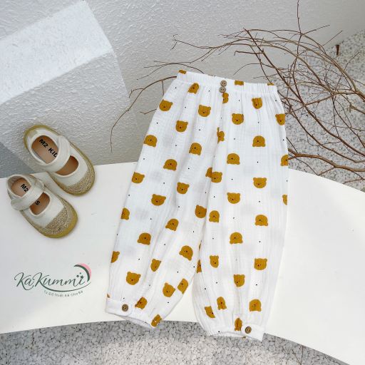 Quần bom xô muslin họa tiết cho bé, quần bom trẻ em bo chun 2QU128 Kakummi