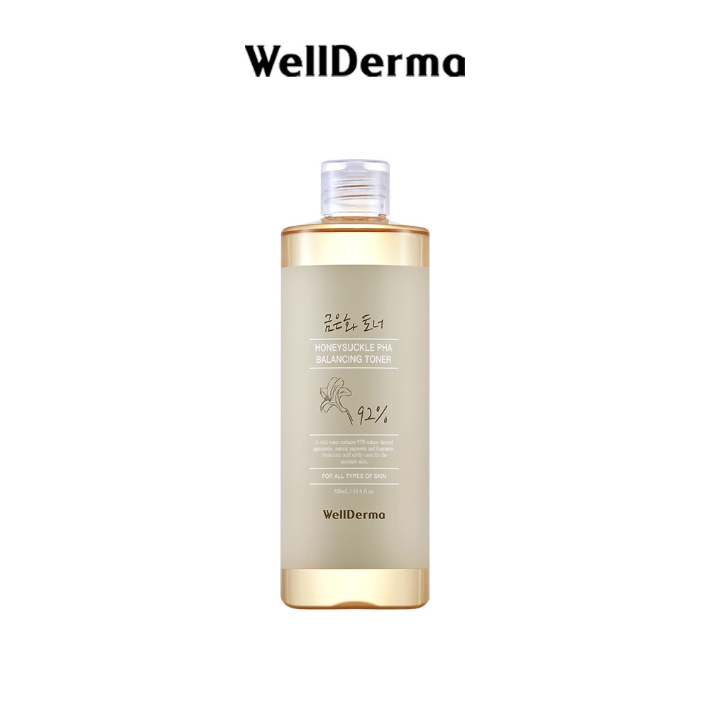 Nước hoa hồng WellDerma PHA chiết xuất kim ngân có tính axit thấp không gây kích ứng làm đều màu da 500ml