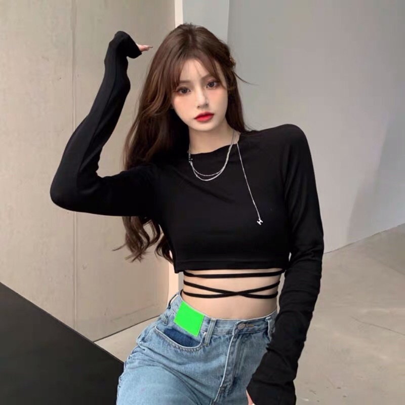 Hàng mới áo croptop dài tay đan eo cổ tròn sexy