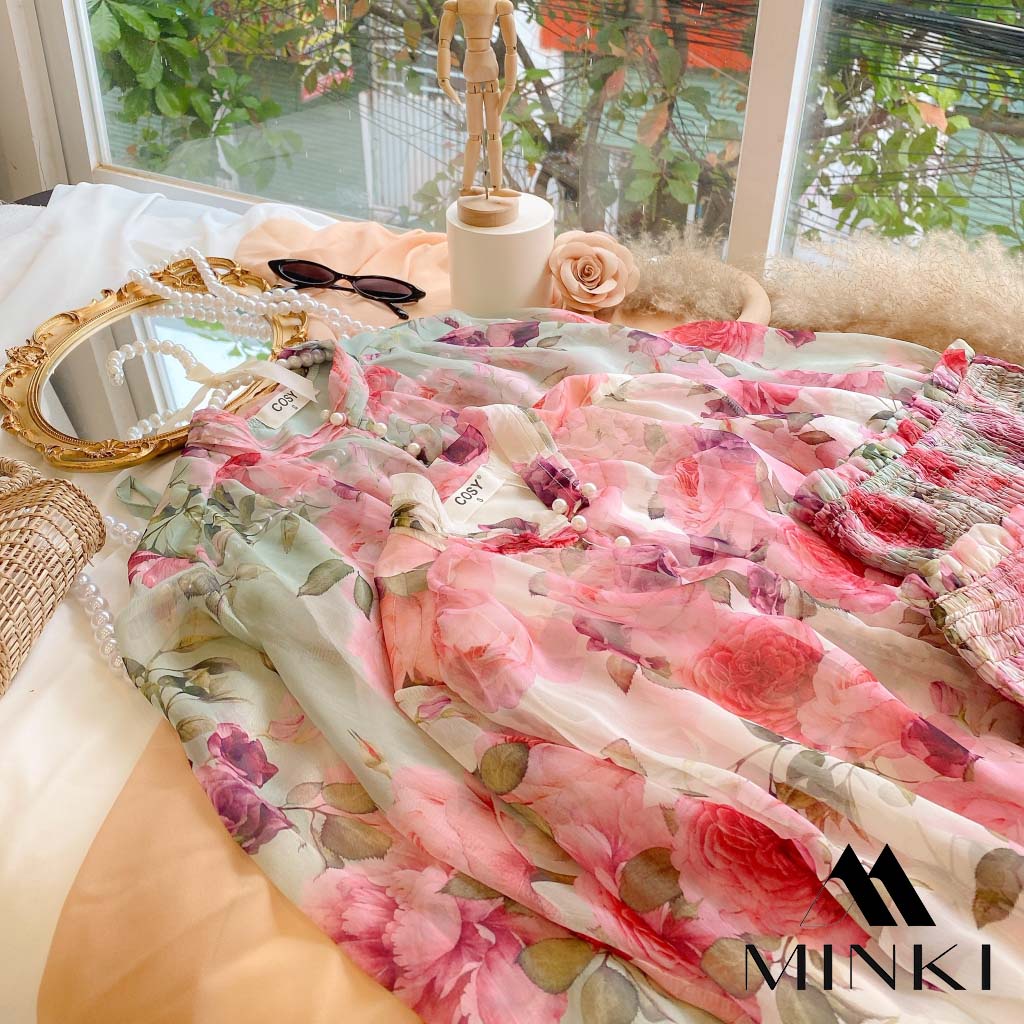 SET ÁO VOAN HOA KÈM LÓT CHÂN VÁY NHÚN - CHẤT LIỆU VOAN CAO CẤP - MÀU XANH / HỒNG | BigBuy360 - bigbuy360.vn