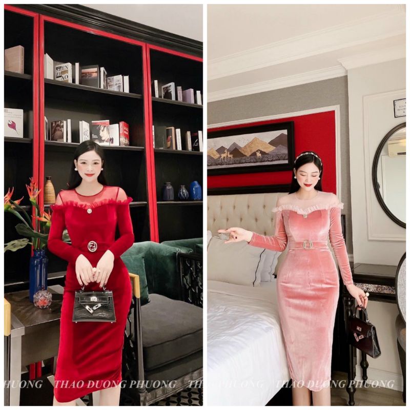 Váy Nhung Body Phối Voan Sang Trọng , Đầm Body Tôn Dáng