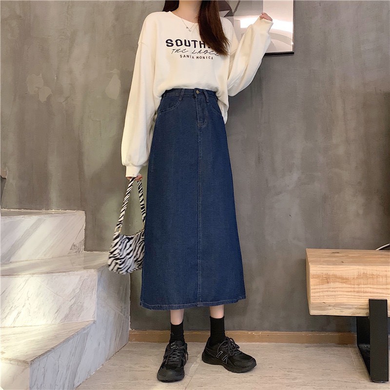 Chân váy jean dài KABICO cạp cao dáng dài qua gối, chân váy bò kaki dài phong cách ulzzang A7