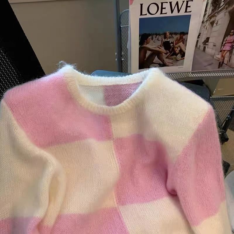 Áo Len Sáp Mềm Ngắn Kẻ Caro Màu Tương Phản Kiểu Phương Tây Thời Trang Mùa Thu Cho Nữ