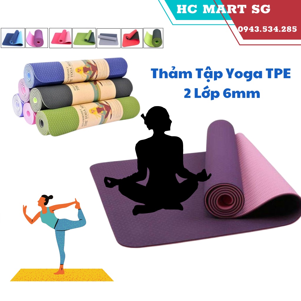 Thảm Yoga loại tốt, Thảm tập gym và yoga TPE 2 lớp đủ màu, thảm tập yoga tpe 2 lớp 6mm cao cấp, chất liệu an toàn