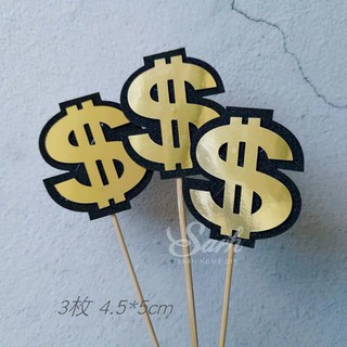 Set 3 que cắm dola tiền $ vàng_Phụ kiện trang trí bánh sinh nhật