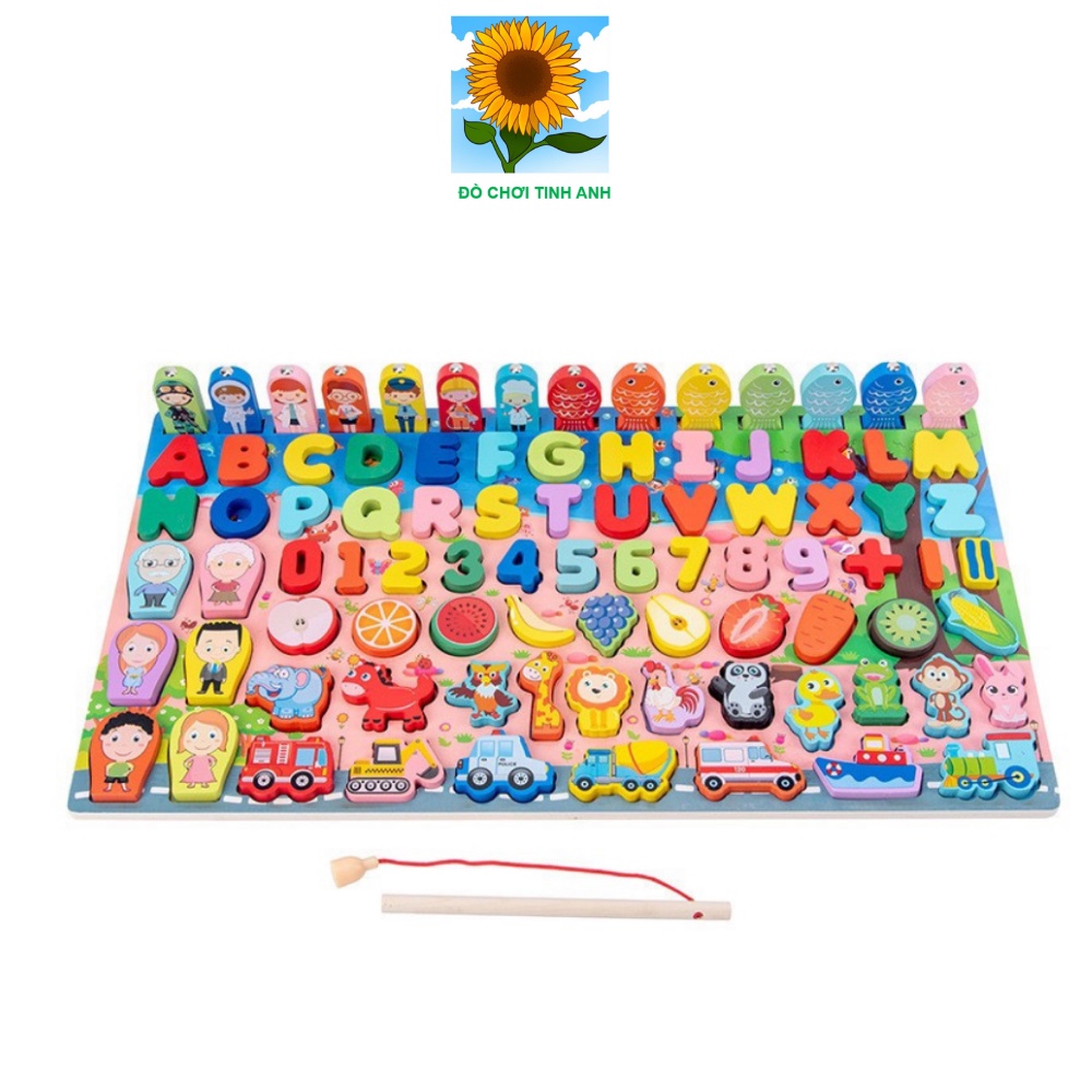 Đồ chơi gỗ 8 trong 1 - 89 và 92 chi tiết chữ cái Tiếng Anh và Tiếng Việt mẫu mới cho bé học và chơi câu cá ghép xếp hình