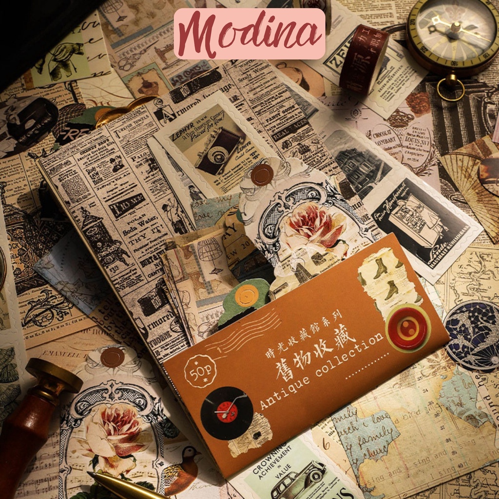 Set 50 chi tiết vintage trang trí sổ tay DIY, hình dán trang trí sổ vintage độc đáo