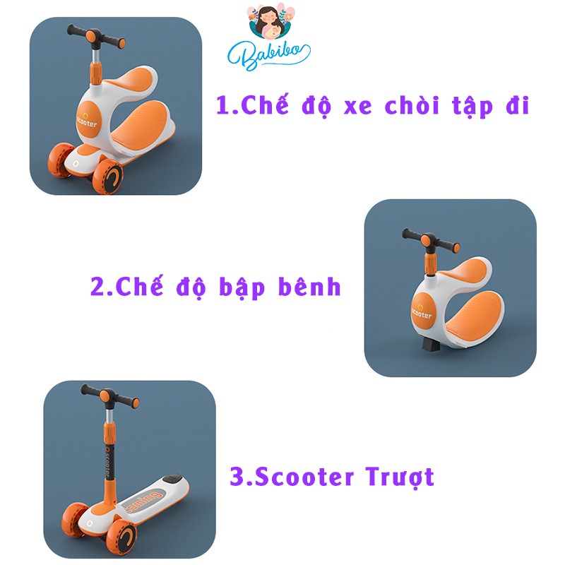 Xe scooter cho bé, xe chòi chân cho bé đa năng 3 trong 1 có đèn làm bằng nhựa PU không gây độc hại cho bé [ Sỉ từ 4 cái]