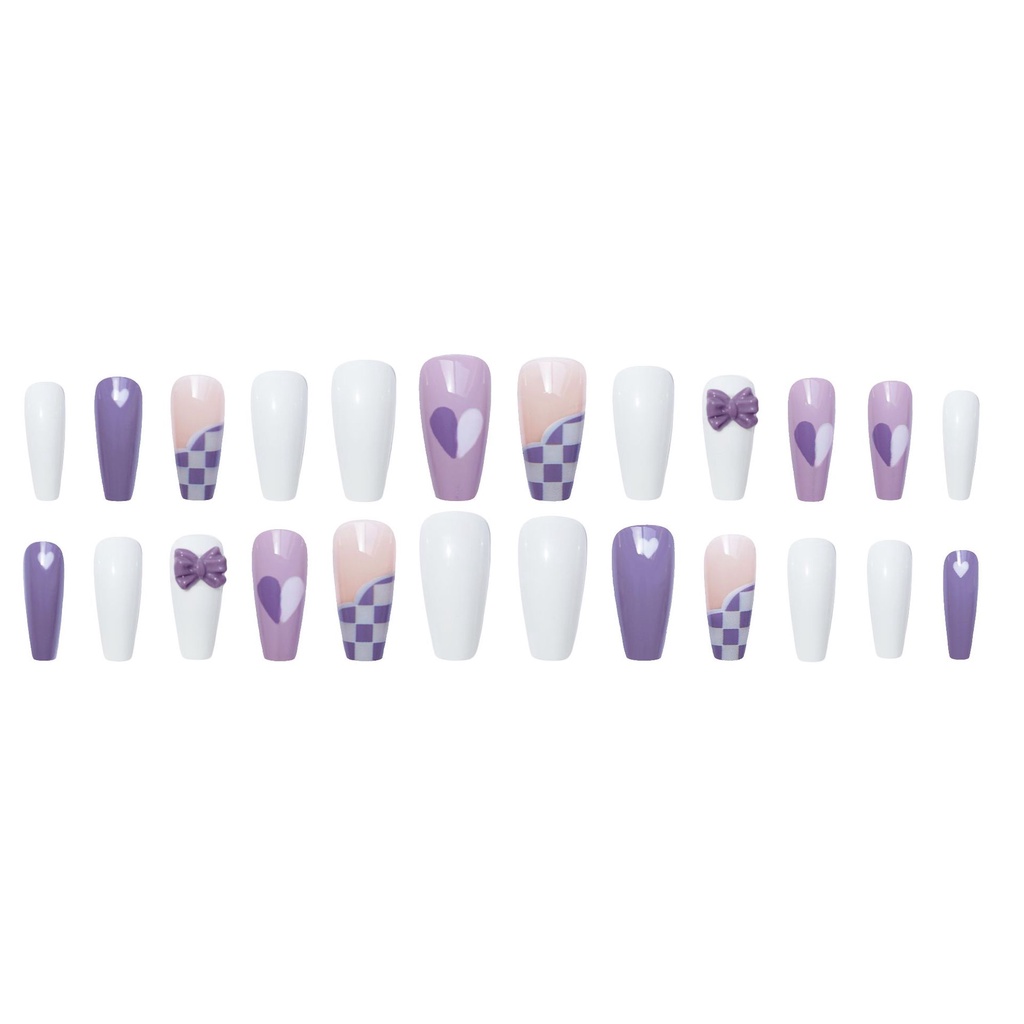 Z-300 Móng Tay Giả Ngắn Kẻ Caro Màu Tím Hình Bướm Xinh Xắn
