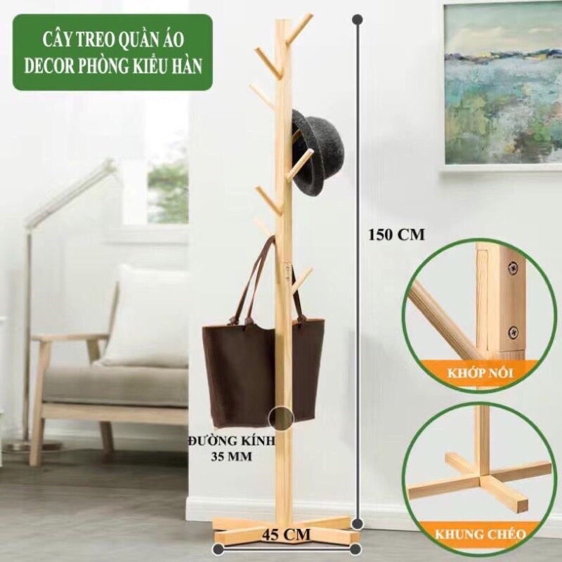 Cây Treo Quần Áo Đứng Gỗ Thông Móc Thiết Kế Lắp Ráp Hiện Đại