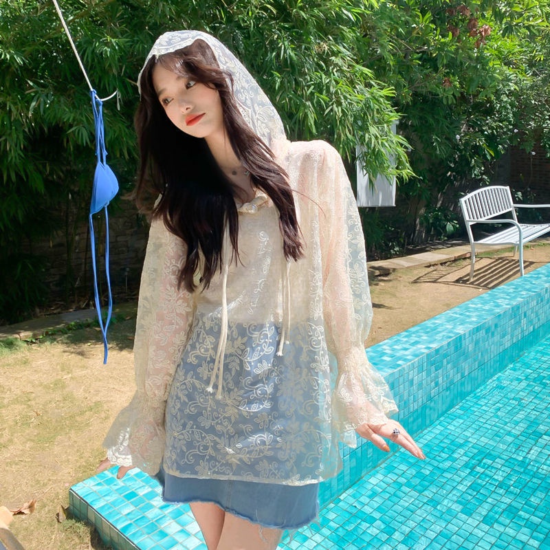 Áo Khoác Ren Lưới Trong Suốt Có Nón Trùm Đầu Chống Nắng Thời Trang Cho Nữ