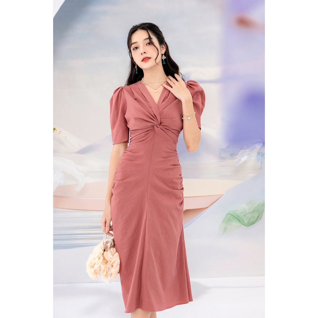 Váy xoắn ngực rúm bên hồng HM