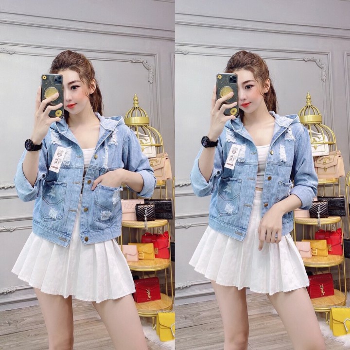 Áo Khoác Jean Nữ Có Mũ Chất Jean Co Dãn Tốt Cực Phong Cách, Áo Khoác Bò Nữ