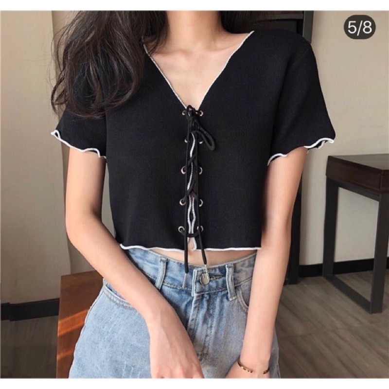 Áo croptop nữ tay ngắn cuốn biên đan dây nữ tính
