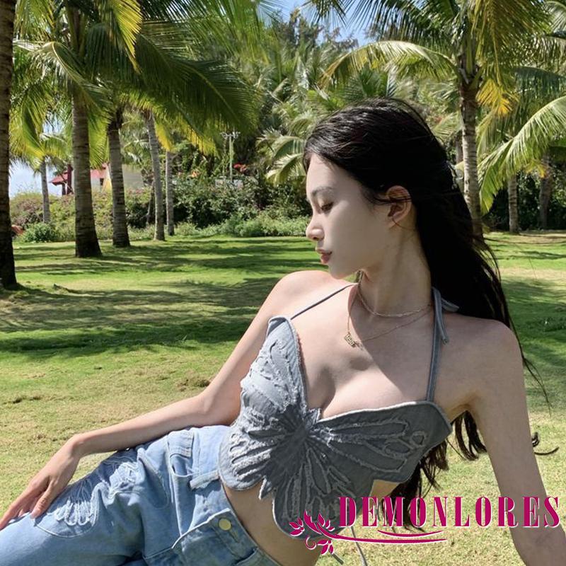 Áo Lửng Không Tay Cổ Yếm Hở Lưng In Hình Bướm 3D Thời Trang Mùa Hè Dành Cho Nữ