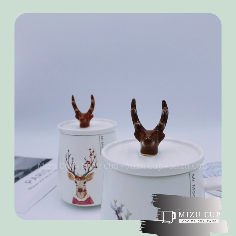 Cốc gốm sứ cao cấp hình con hươu vintage kèm nắp