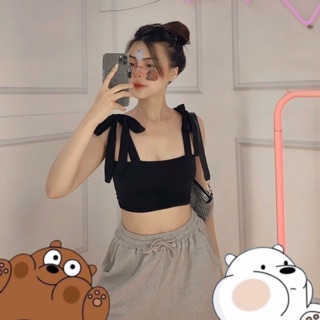 Áo Thun Croptop Đen 2 Dây Cột Vai | Freesize